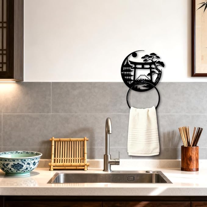 MAYJOYDIY Japanese Metal Towel Ring Round Fujisan Scenery Hand Towel Holder Torii Gate Ring Hanger Wall Mount Black Vintage Towels Wall Organizer for Kitchen Bath Home Laundry Room Decors Gifts