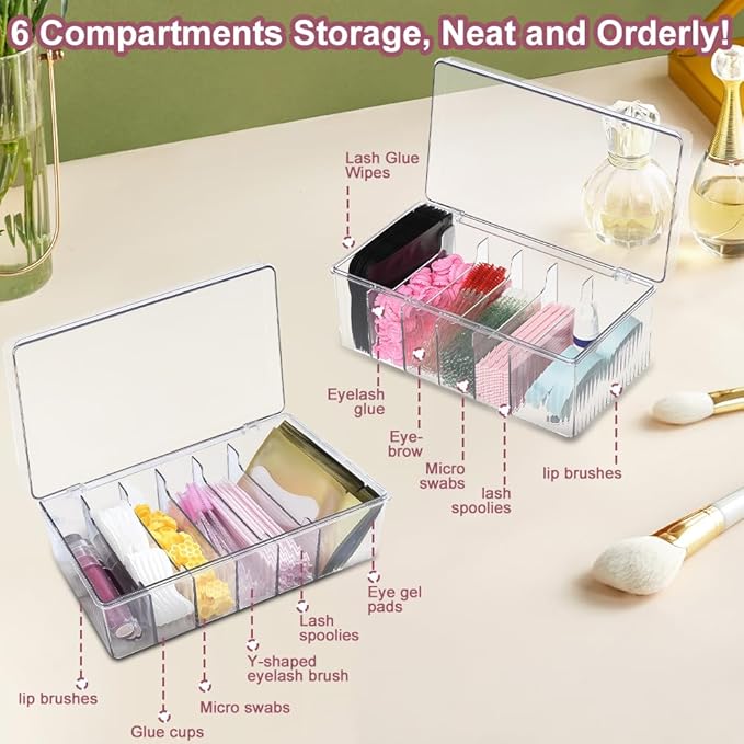 2PCS Acrylic Lashes Organizer, Eyelash Storage Box with 2PCS Tweezers and Sticky Notes, Large Capacity Eyelash Extension Supplies Organizer with Lid, Neatly Store and Organize Your Lash Supplies