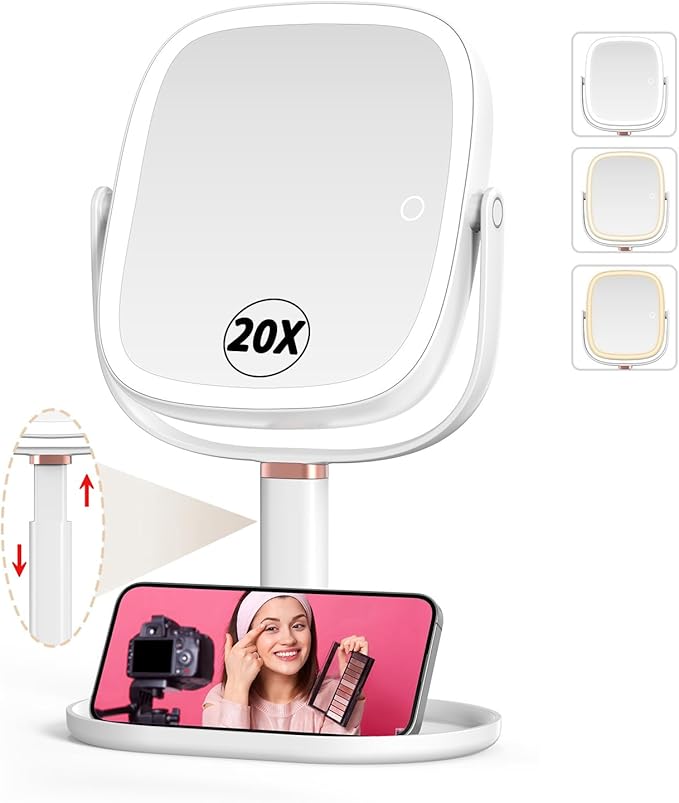 Mocado Makeup Mirror with Lights, 1X/20X Magnifying Mirror with Light, Vanity Mirror with 3 Colors Lights, Height Adjustable Lighted Makeup Mirror, Double Sided 360°Rotation, Memory Function (White)