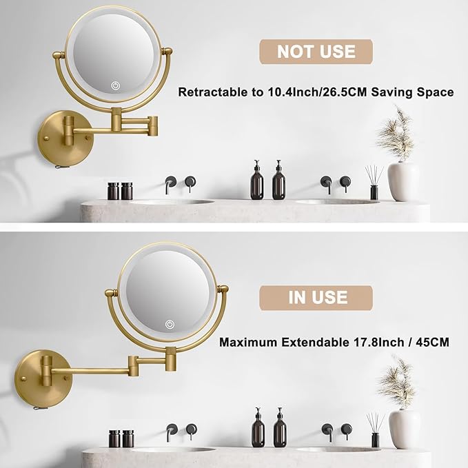 Antique Brass Rechargeable Wall Mounted Makeup Mirror, 1X/10X Magnifying Mirror for Bathroom, 8 Inch 2 Sided 360 Swivel Extendable Arm Vanity Shaving Mirror for Bathroom