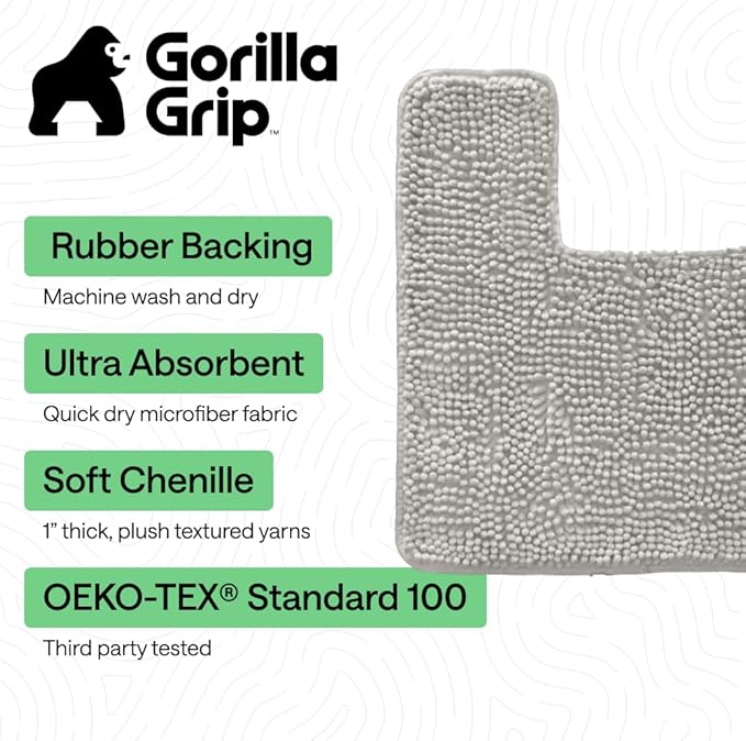 GORILLA GRIP Plush Absorbent Shaggy Chenille Bath Rug Mat for Square Toilet Base with Rubber Backing, Machine Washable Rugs, Soft Microfiber Contour Mats for Toilets, Bathroom Decor, Lt Gray