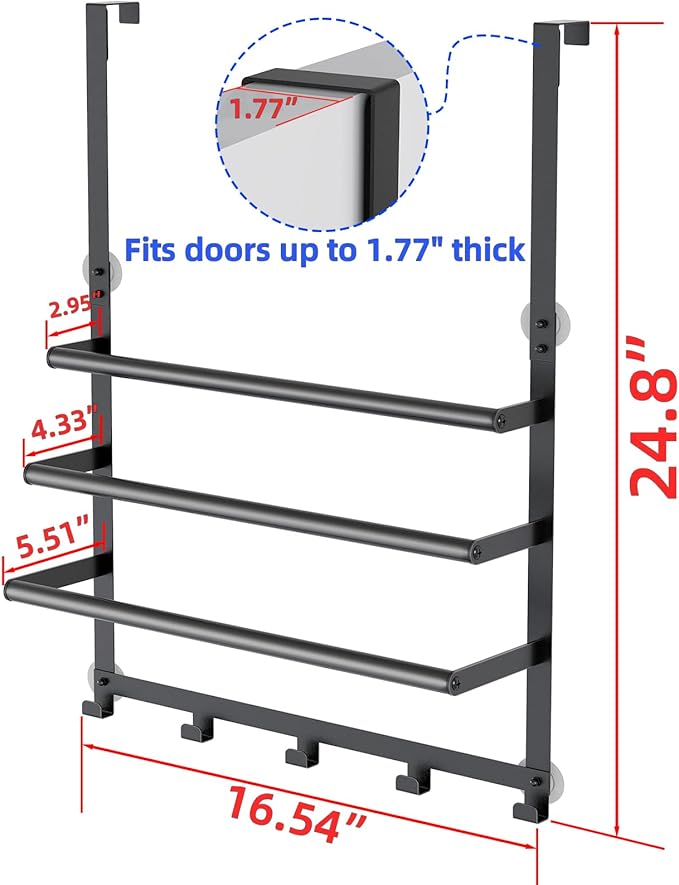 Over The Door Towel Rack, Over Door Towel Racks for Bathroom Door with 5 Hooks, 3 Tier Towel Storage Hanger Holder for Bathroom Accessories, 16 Inch Towel Bar for Hanging Towels, Matte Black
