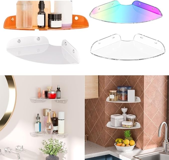 Iridescent Acrylic Corner Shelves Set of 2 for Wall Mounted Storage and Space Saving in Bathroom Kitchen Bedroom Office (transparency)