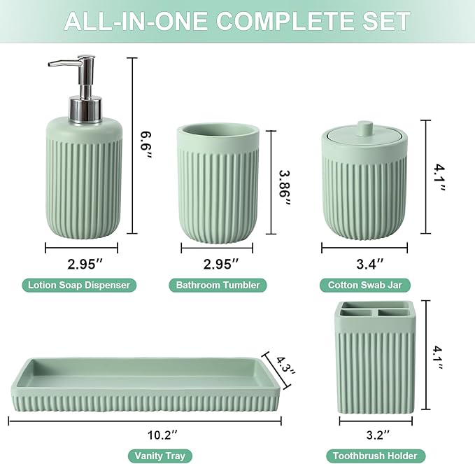 XLHOMO Resin Light Green Bathroom Accessories Set 5 Pcs, Lotion Soap Dispenser, Toothbrush Holder, Bathroom Tumbler, Qtip Holder and Vanity Tray, Bathroom Countertop Organizer Set for Modern Apartment