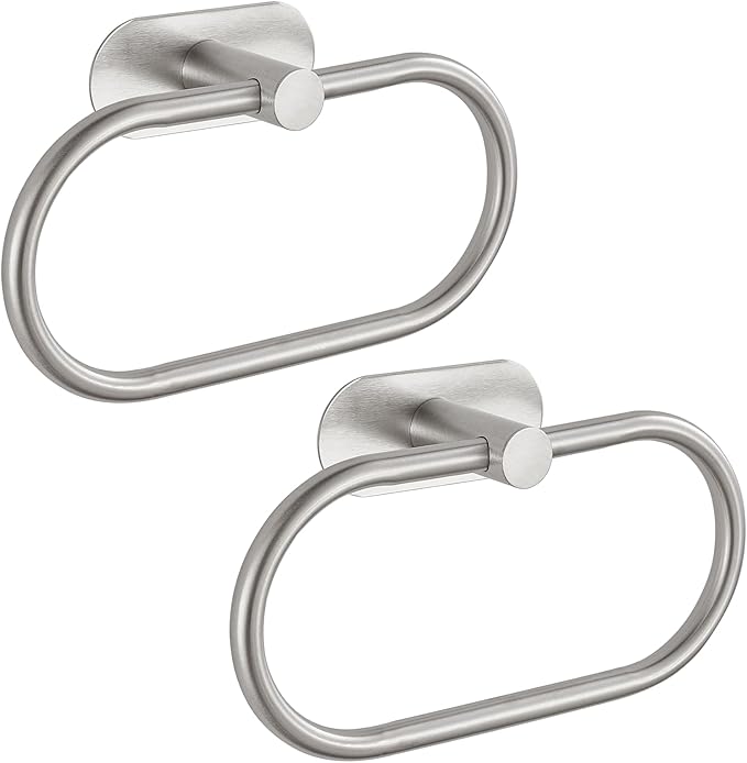 Towel Bar/Bath Towel Ring, Self Adhesive Hand Towel Ring for Bathroom, Stainless Steel Sticky Hand Towel Holder, No Drilling Modern Round Towel Hanger Wall Mounted (2 Pack, Brushed Nickel)