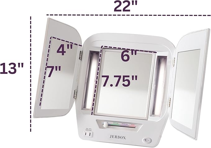 JERDON Modern Tri-Fold Makeup Mirror with Lights - Vanity Mirror with 5X Magnification & Multiple Light Settings - White Base - Model JGL10W