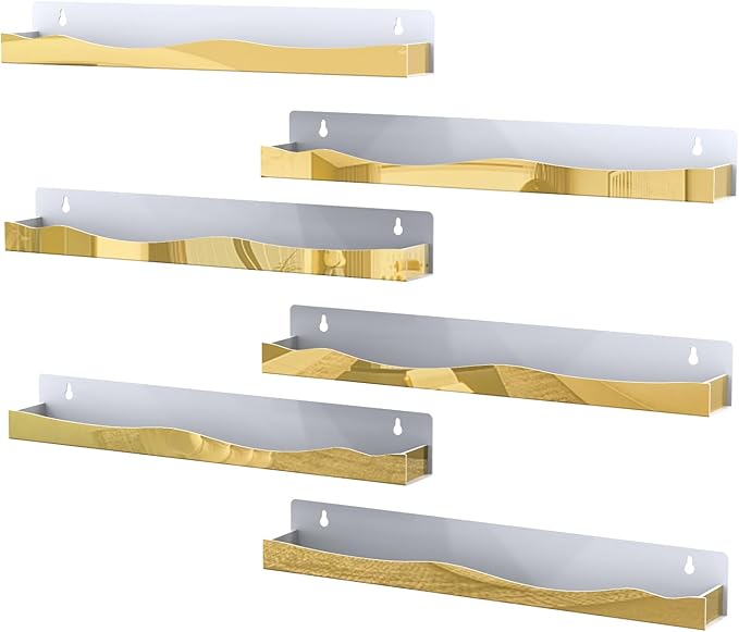 6 Pack Nail Polish Wall Rack Mirror Gold Acrylic Wall Mount Ledges with Stopper 15 Inch Kids Bookshelf Tattoo Ink Essential Oils Figurine Display Shelves Spice Rack for Salons Retailers Home