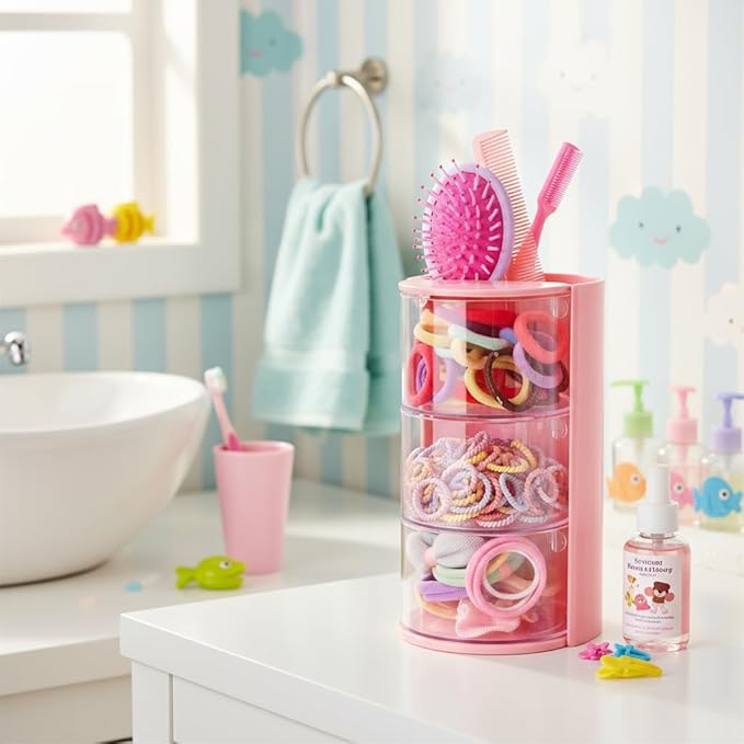3-Layer(pink) Clear Hair Accessories Organizer,Hair Caddy Organizer,with Hair Brushes Holder Rotatable Small Jewelry Box for Hair Clip, Earring Necklaces, Makeup Brush, Hair Accessories.