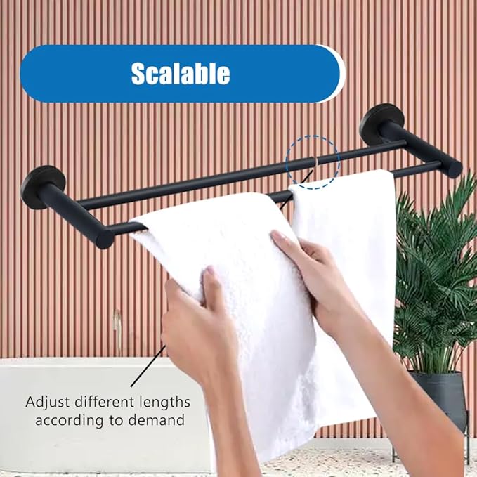 Retractable #304 Stainless Steel Towel Bar, Single bar or Double bar Optional,Adjustable Length from 16 inches to 28.9 Inches (Matt Black, Double Towel bar)