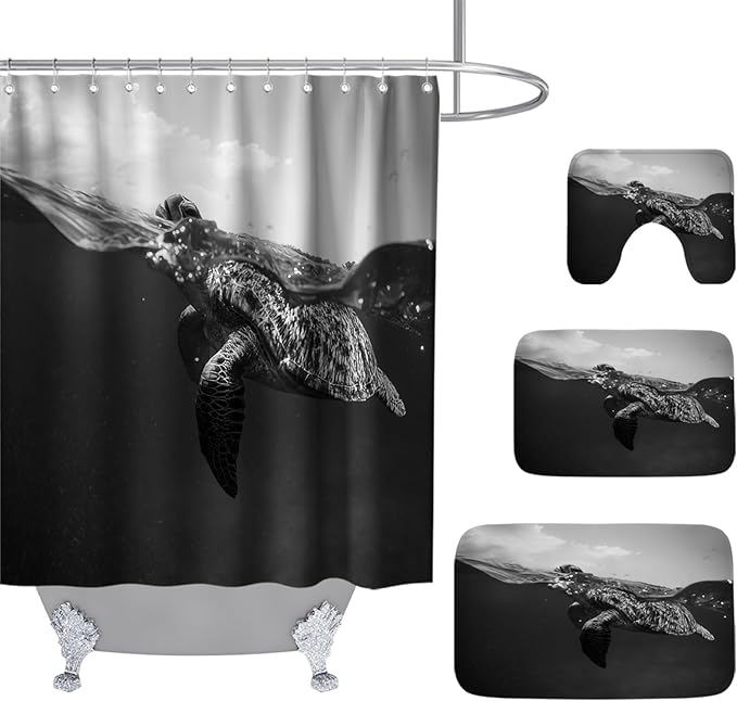 Nautical Sea Turtle Black and White Ocean Kids Bathroom Sets with Shower Curtain and 20 x 31 Rugs Bathroom Accessories Sets Decor with Bath Rug, Bath Mat, U-Shaped Contour and Hooks 72 x 72 Inch Grey
