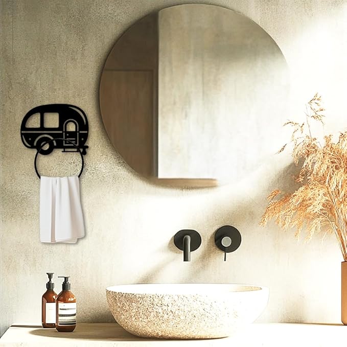 MAYJOYDIY Camping Metal Towel Ring Camping Car Hand Towel Holder Round Cartoon Car Towel Hangers Black Bathroom Towel Rack Wall Mounted for Kitchen Bath Home Laundry Room Decors Gifts
