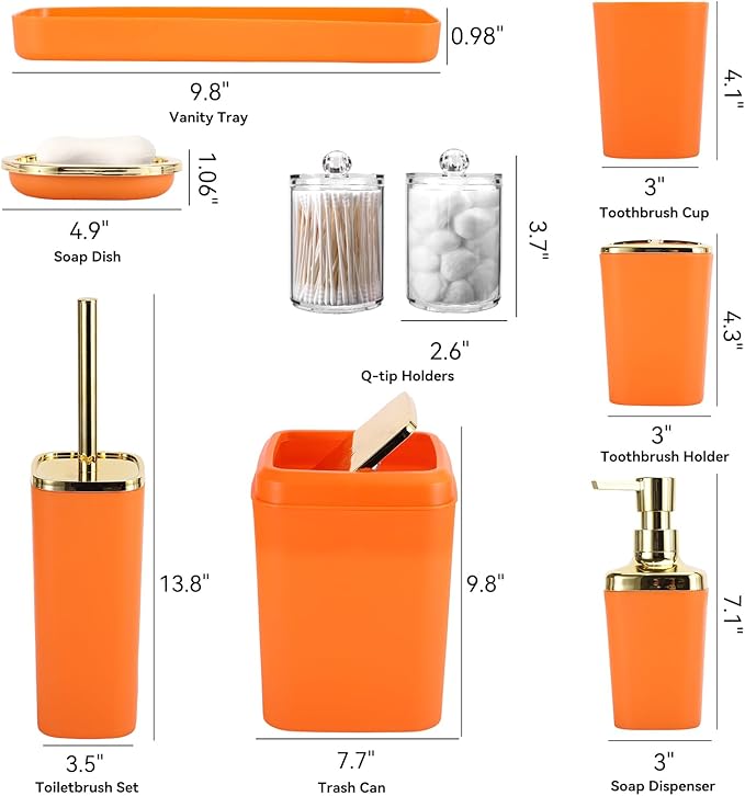 XLHOMO Orange Bathroom Accessories Set, Orange and Gold Bathroom Accessories with Trash Can, Soap Dispenser, Soap Dish, Toothbrush Holder and Q-tip Holders