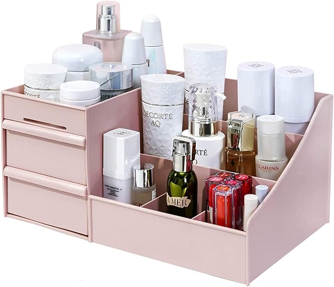 Makeup Desk Organizer With Drawers - Countertop Bathroom Skincare Organizer for Cosmetics, Vanity Holder for Lipstick, Brushes, Lotions, Eyeshadow, Nail Polish and Jewelry Sundries