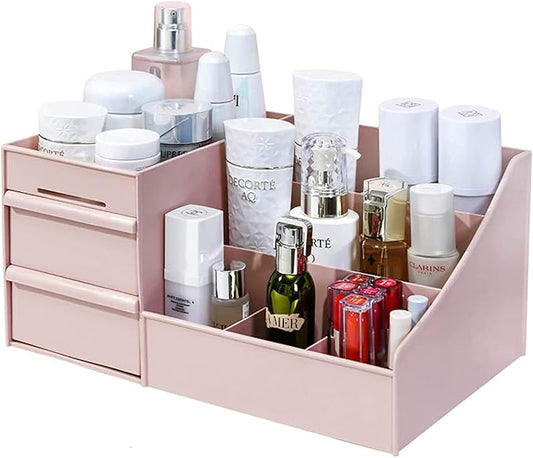 Makeup Desk Organizer With Drawers - Countertop Bathroom Skincare Organizer for Cosmetics, Vanity Holder for Lipstick, Brushes, Lotions, Eyeshadow, Nail Polish and Jewelry Sundries
