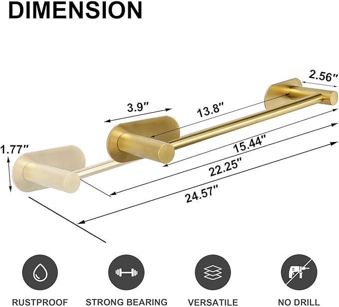 TocTen Self Adhesive Towel Bar, Stick Bath Towel Rack for Bathroom Adjustable 16-24", Stainless Steel Bathroom Towel Holder, No Drill Stick on Wall Towel Hangers for Bathroom(Brushed Gold)