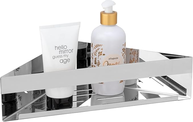 WENKO Turbo-Loc Genova Shine Corner Shelf, Bathroom Shelf Made of Stainless Steel for Attaching without Drilling with Adhesive Pad System, Space-Saving Storage of Care Products, 36 x 8 x 17 cm, Glossy