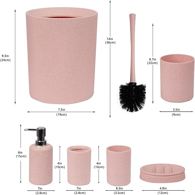 CERBIOR Bathroom Accessories Set 6 Piece Wheat Straw Bath Ensemble Includes Soap Dispenser, Toothbrush Holder, Toothbrush Cup, Soap Dish for Decorative Countertop and Housewarming Gift (Pink)