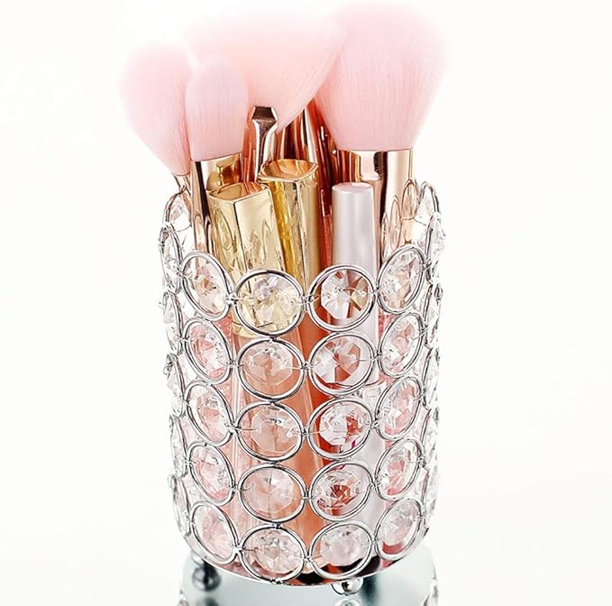Pahdecor Makeup Brush Holder Storage Organizer with 5 Layers Beads,Handmade Vintage Crystal Beads Candle Container Holder Candlesticks Pencil Cup Flower Vase,4.6x3.2inch(HxW), Silver Color