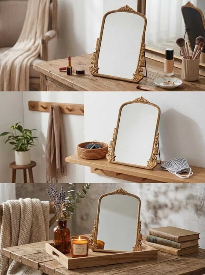 HSDDHOME 16x20 Inch Large Vintage Gold Table Mirror - Antique Wooden Frame Vanity Mirror with Foldable Stand for Makeup, Décor & Gifts