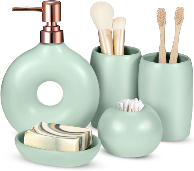 FoldTier 5 Pcs Ceramic Bathroom Accessories Set Includes Soap Dispenser Toothbrush Cup Holder Soapbox Holder Stylish Modern Bathroom Matte Glaze Decor(Green)