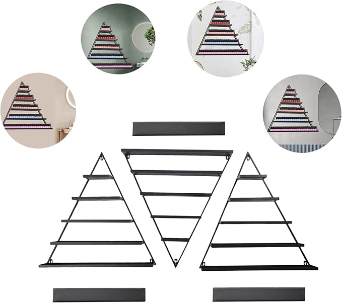 6PCS Triangular Wall-Mounted Nail Polish Racks, Black 5-Tier Nail Polish Shelves, Heavy-Duty Cosmetic Display Cases with Raised Edges for Nail Salon, Home, Shop Use