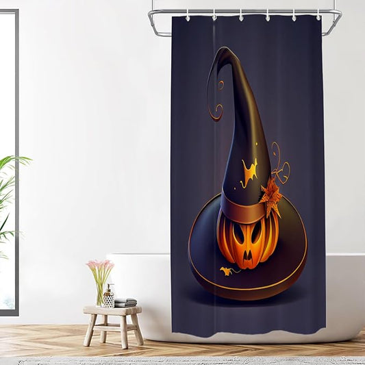 Shrahala Happy Halloween Funny Decorative Shower Curtain, Witch Hat Pumpkin Horror Purple Background Bathroom Décor Polyester Fiber Waterproof with Plastic Rings for Shower Stall Bathtubs 72 x 36 in