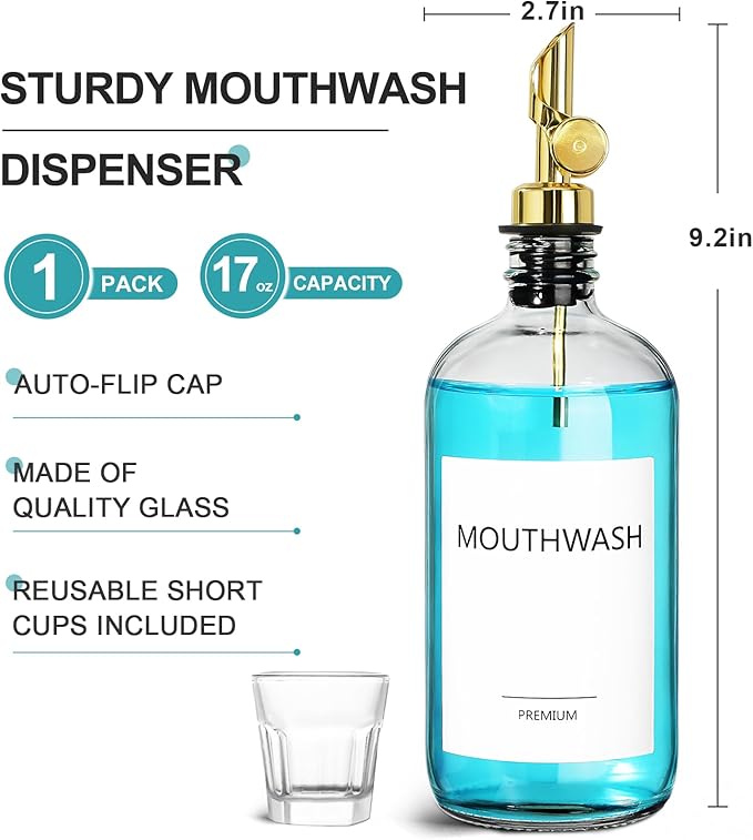 Mouthwash Dispenser for Bathroom, Glass Mouthwash Dispenser with Cup, Mouth Wash Container Bottle with Cup, Refillable Mouthwash Decanter, Clear, 1 Pack, 17oz