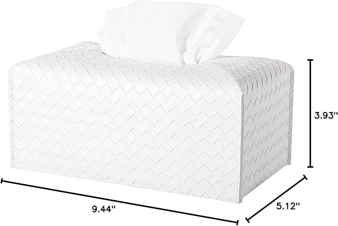 Tissue Box Cover PU Leather Tissue Holder Square Facial Tissue Case Facial Paper Organizer Dispenser for Bathroom, Vanity Countertop, Tabletop, Car, Rectangle, White