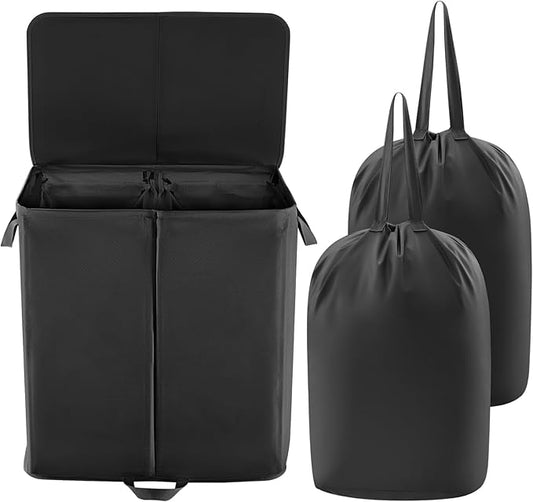 Lifewit 136L Double Laundry Hamper with Lid and Removable Laundry Bags, Large Divided Hamper, Collapsible 2 Section Laundry Basket with Handles for Bedroom, Bathroom, College Dorm, Laundry Room, Black