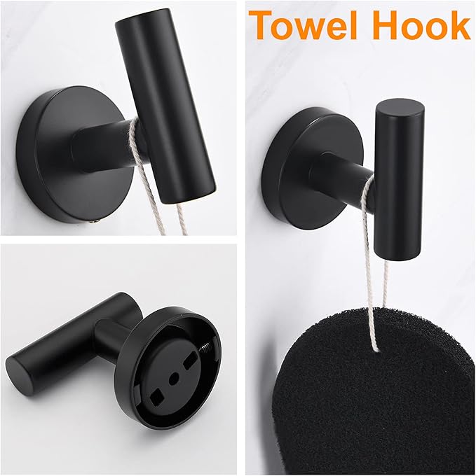 Nolimas 3-Pieces Set Matte Black Bathroom Hardware Set SUS304 Stainless Steel Round Wall Mounted - Includes 12" Hand Towel Bar,Toilet Paper Holder, Robe Towel Hooks,Bathroom Accessories Kit