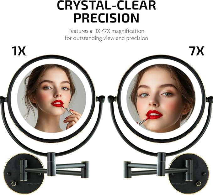 OVENTE Wall Mounted Lighted Makeup Vanity Mirror, 9" Hard Wired Double Sided 1X/7X Magnifying Bathroom Mirror, Dimmable LED Lights, 360° Rotation and 14" Extendable Arm, Rubbed Bronze MPWD3185BZ1X7X