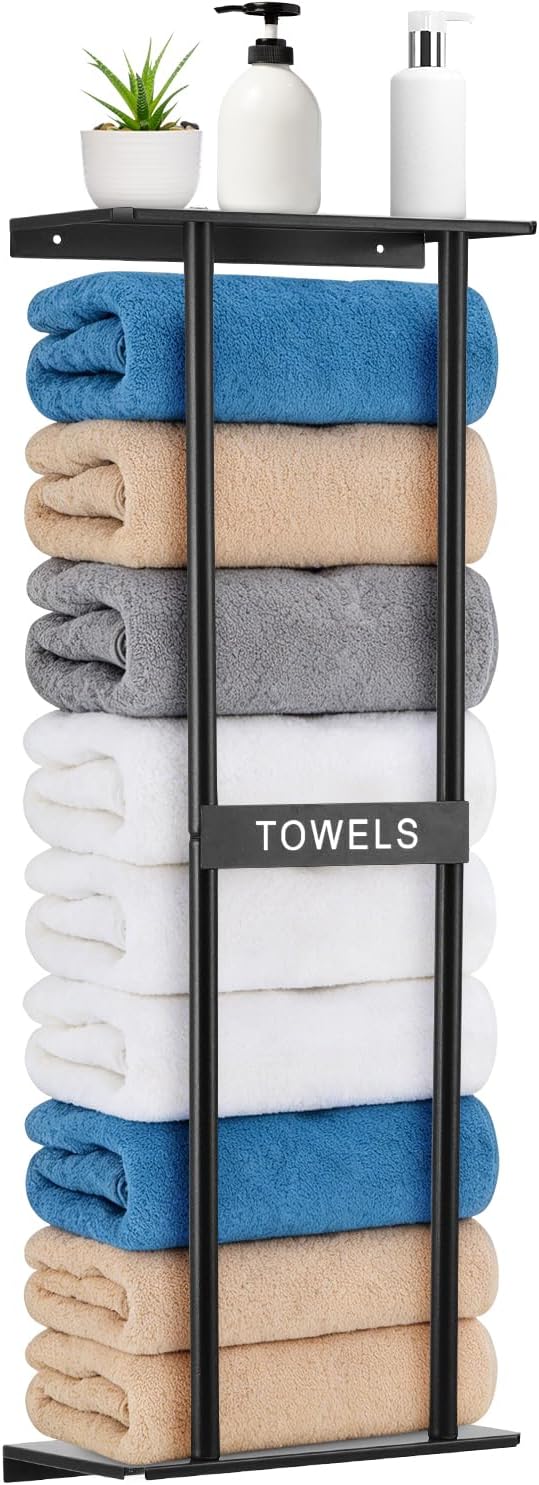 Vertical Towel Rack Wall Mounted - Metal Rolled Towel Holder, 31 Inch Black Space Saving Bathroom Storage Shelf for Shower, Toilet & RV (Black)