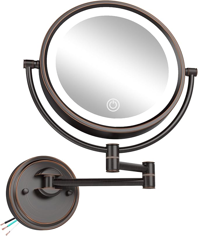 10" Brass Large Wall Mounted Makeup Mirror with Lights, 3 Color LED Touch Dimming Extended Arm, 1X/5X Double-Sided Magnifying Vanity Mirror for Bathroom, Hard Wired Oil Rubbed Bronze