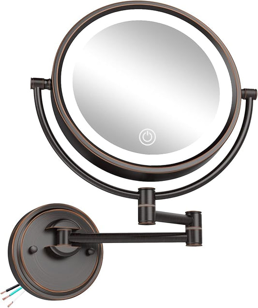 10" Brass Large Wall Mounted Makeup Mirror with Lights, 3 Color LED Touch Dimming Extended Arm, 1X/5X Double-Sided Magnifying Vanity Mirror for Bathroom, Hard Wired Oil Rubbed Bronze