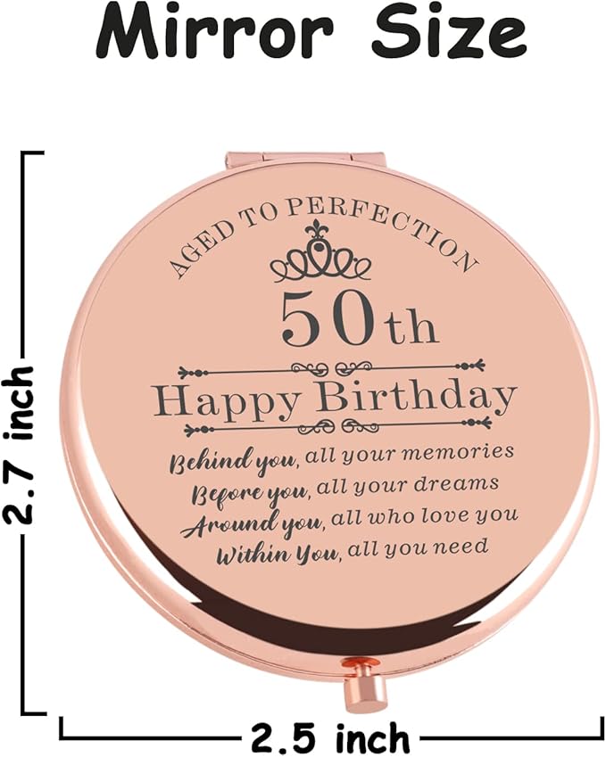50th Birthday Gifts for Women Rose Gold 2.6" L x 2.6" W Compact Makeup Mirror, 50th Birthday Gift for Women, Double-Sided, Tabletop Mount, Beauty