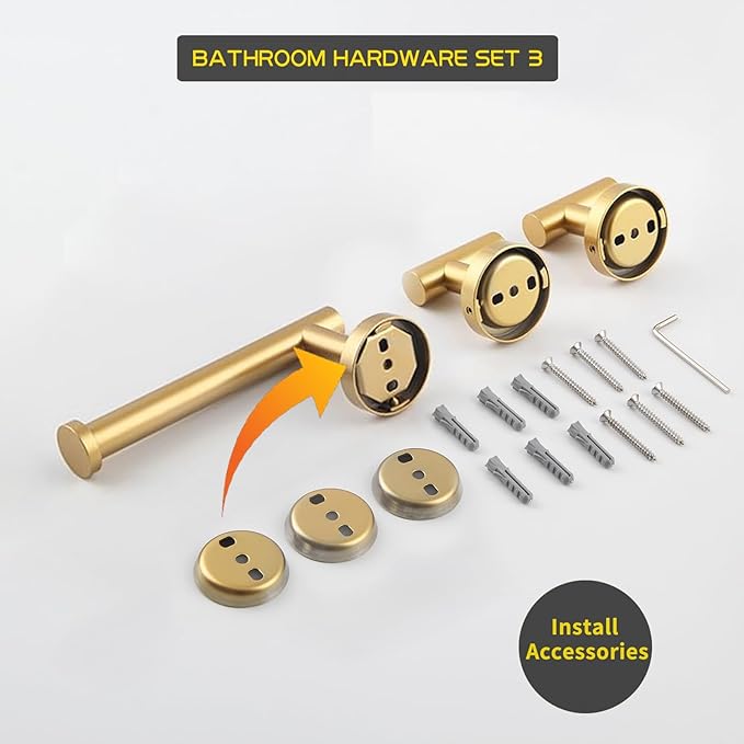 GERZWY Bathroom 3-Piece Accessories Hardware Set Gold Stainless Steel - 2X Coat Hook Toilet Paper Holder AG1401B-BE