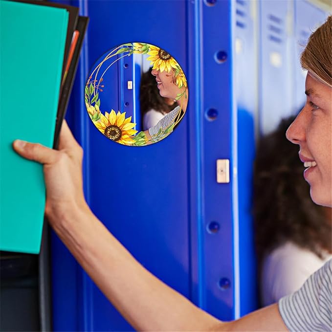Magnetic Locker Mirror, Sunflower Decor Acrylic Mirror Magnetic Decorative Mirror, Personal Makeup Mirror Floral Magnetic Mirror for School Locker Refrigerator Office Bedroom Home Decor (Round)