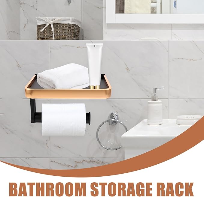 FRCOLOR Bathroom Storage Shelf Wall Mounted No-Drill Space-Saving Toilet Paper Holder with Phone Stand One-Layer Rack for Small Items Organizer