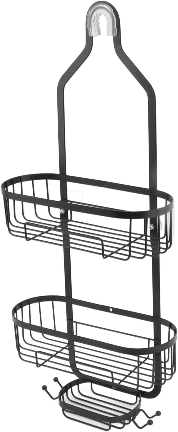 Metal Iron Wall Mounted Bathroom Basket, Punch Free Bathroom Shelves, 2 Layer Wall Mount Storage Basket for Bathroom with Adhesive Backing for Tile Glass Marble Surfaces (Black)