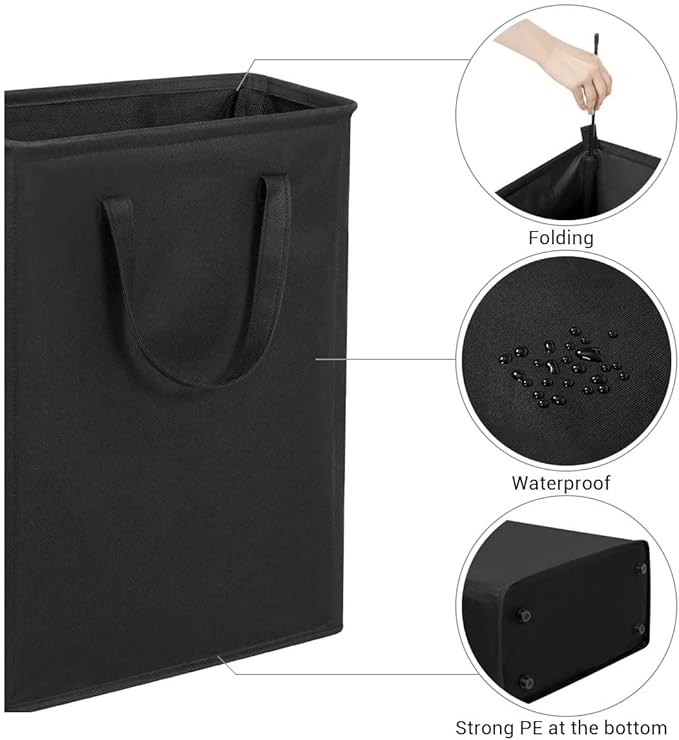 ZERO JET LAG Slim Laundry Hamper With Handles Collapsible Laundry Basket Thin Dirty Clothes Basket Narrow Laundry Bag Foldable Dirty Clothes Hamper 45L (24 inches,Black)