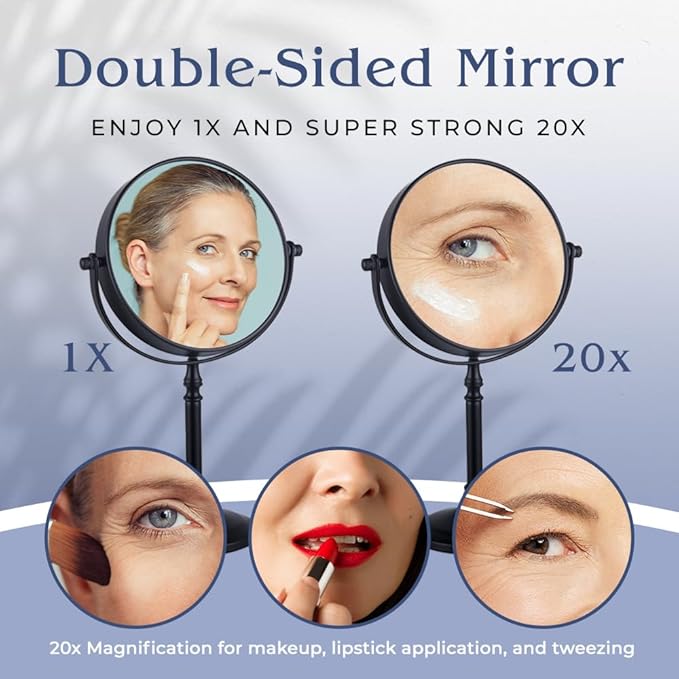 20X Magnified Makeup Mirror with Stand - Double Sided 20x and 1x Cosmetic Mirror for Make Up Desk, Dressing Table, Bathroom Countertop - 6" Wide & 12" Tall (Black)