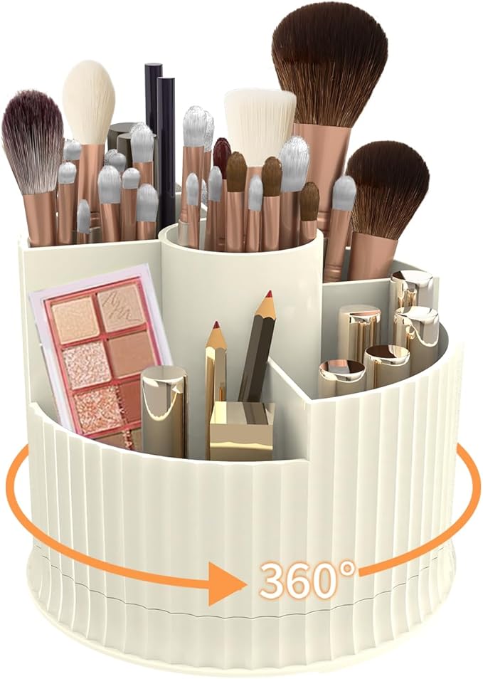 360?? Rotating Makeup Brush Holder Organizer, 5 Slot Make up Brushes Cup for Cosmetics, Nail Polish, Art Supply, Skincare, Perfume, Bathroom Vanity Desktop Organizer - Creamy white