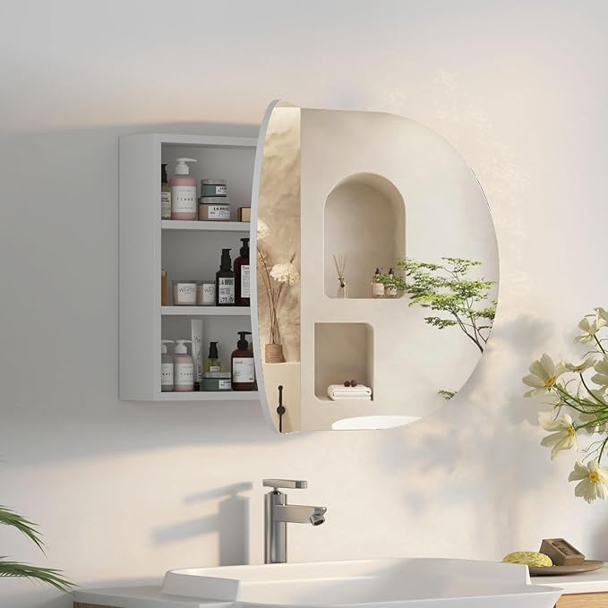 Oval Medicine Cabinet Mirror for Bathroom,White Medicine Cabinet with Mirror, Oval Mirror Cabinet Wall Mounted with 3 Storage,2 Doors,38x24Inch