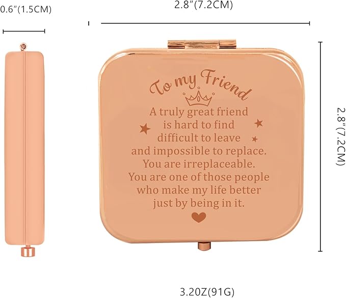 Best Friend Birthday Gifts for Friend, Sentimental Friend Gift Ideas for Women, Friendship Gifts for BFF, Bestfriend, Besties, Long Distance, Christmas, I Love You Friend, Rose Gold Compact Mirror