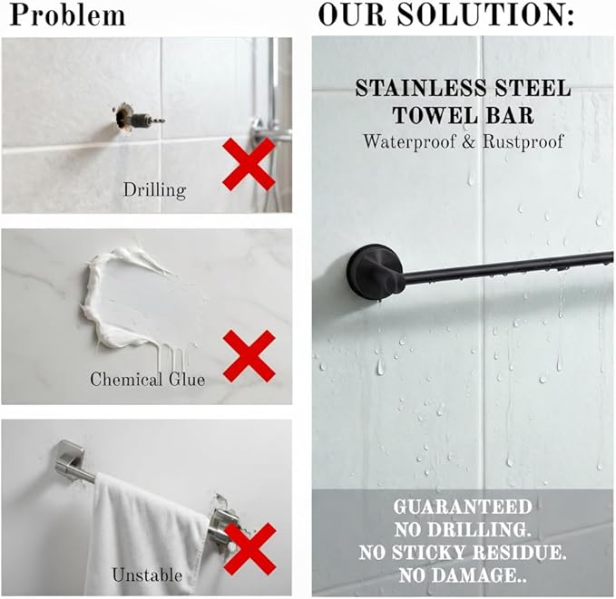 Suction Cup Towel Bar 17-28 Inch Adjustable Retractable Stainless Steel Towel Rack for Bathroom, RV & Renters - No Drill Heavy Duty Wall Mounted Holder, Removable for Glass & Tile (1, Black)