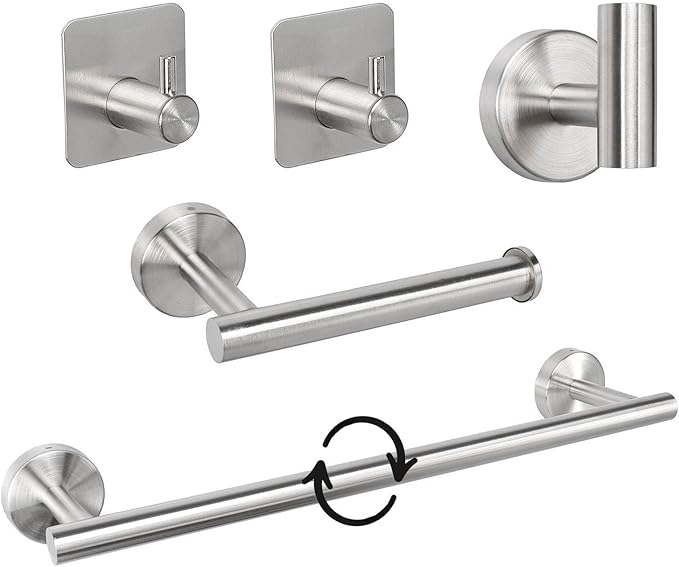 TocTen Bathroom Hardware Set, Thick Stainless Steel Bath Towel Bar Set Including Towel Rack for Bathroom+Toilet Paper Holder+3 Robe Towel Hooks Wall Mount Bathroom Accessory Set(24IN,Brushed Nickel)