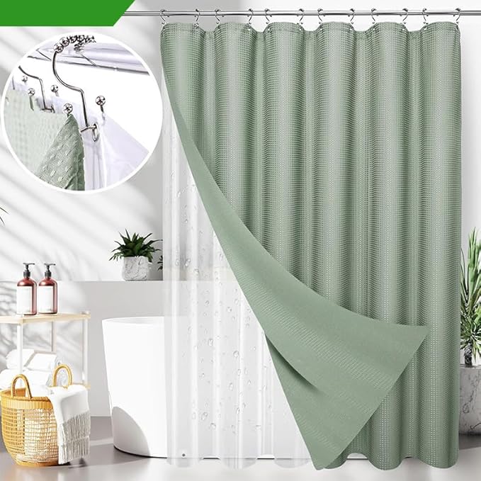 LightGreen Bathroom Set, 23 PCS Bathroom Accessories Set with Shower Curtains, Trash Can, Toothbrush Holder, Soap Dispensers, Toothbrush Cup, Vanity Tray, Soap Dish, Toilet Brush, Qtip Holders