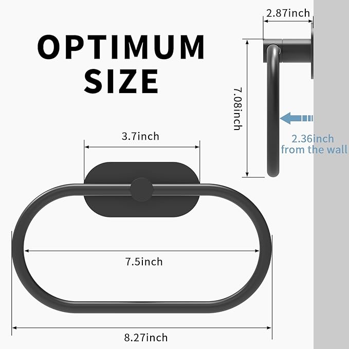 Adhesive Towel Holder for Bathroom Matte Black No Drill Hand Towel Ring Stainless Steel and Zinc Alloy Self Adhesive Towel Hanger for Bath, Kitchen