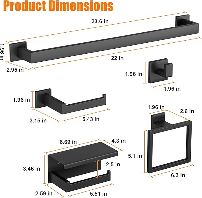 10 Pieces Matte Black Bathroom Accessories Set, 23.6 Inch Towel Racks for Bathroom Wall Mounted, Stainless Steel Bath Towel Bar Set, Bathroom Hardware Accessories for Kitchen & Bath