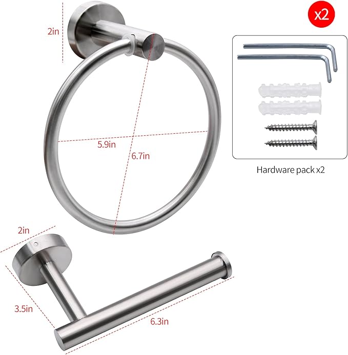 2pcs Matte Black Toilet Paper Holder and Towel Ring Set, Stainless Steel Hand Towel Holder and Towel Hanger with Hardware Pack